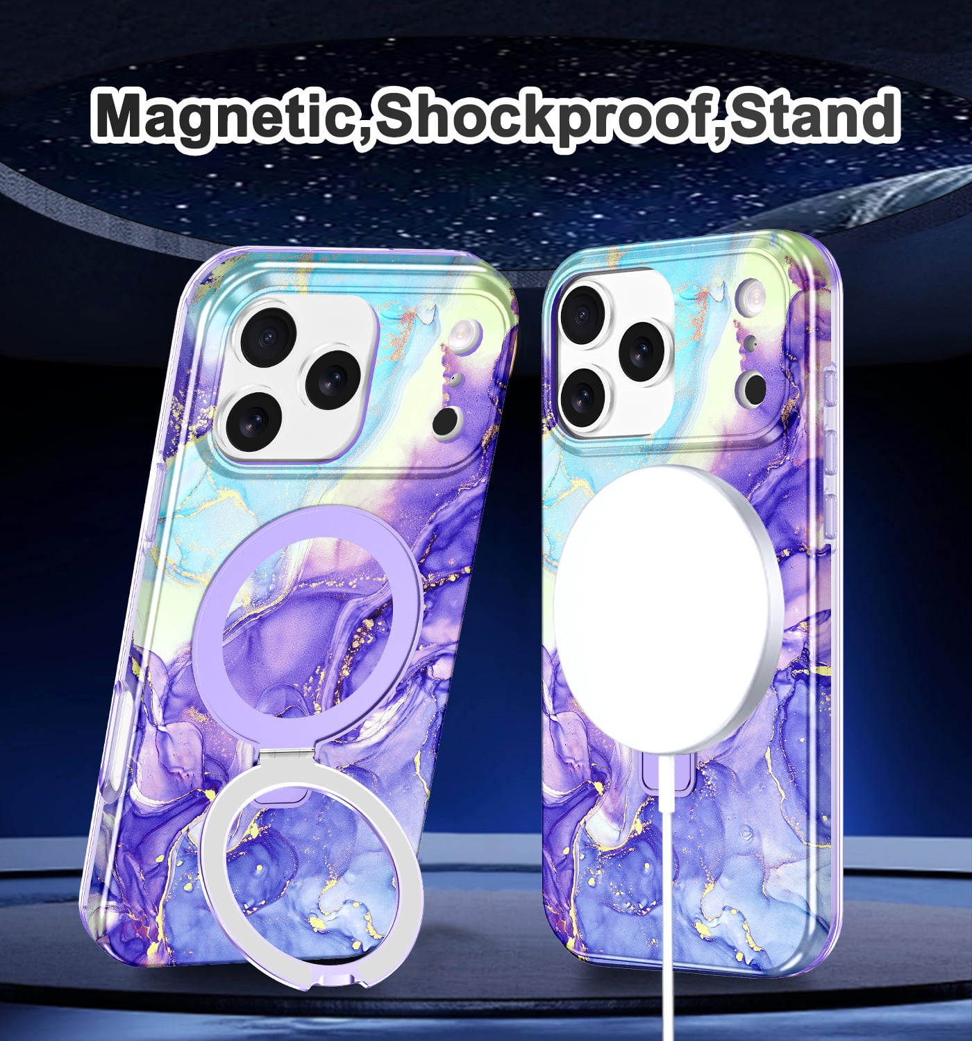 CASEFIV for iPhone 17 Pro Case with Magnetic Invisible Ring Stand [Compatible with Mag-Safe],Full Body Rugged Slim Shockproof Marble Pattern Design Casefor Women Men Girls,Violet
