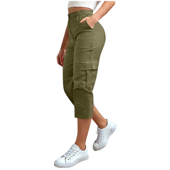 TaTaai Women Elastic Waist Solid Cargo Capri Pants Button Zipper Pockets Outdoor Hiking Casual Daily Lounge Wear Soft Stretchy No Fading Versatile Bottoms Gift