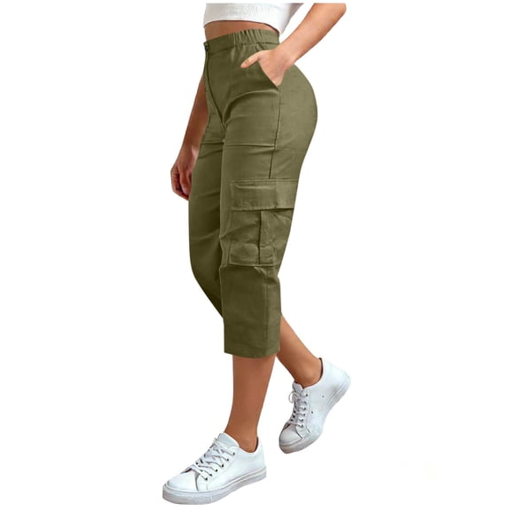 MaFYtyTPR Women Cargo Capris Trendy Elastic Waisted Outdoor Athletic Casual Loose Comfy Work Pants with Pockets A-Army Green L