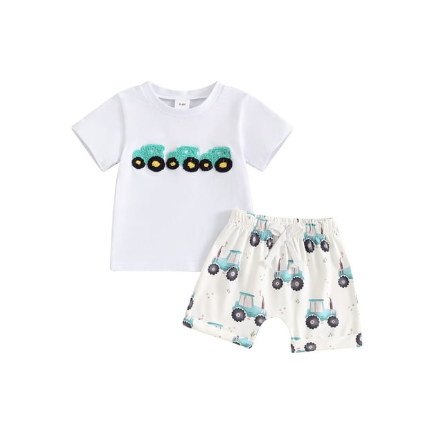 FAROOT Boys 0-36 Months Summer 2 Piece Short Sleeve Suit Tractor Embroidered Top Drawstring Shorts