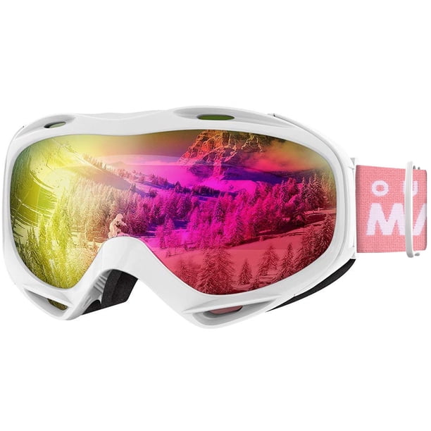 OutdoorMaster OTG Gafas de esquí - Gafas de esquí/snowboard para hombres, mujeres y jóvenes - 100% protección UV (marco blanco + lente VLT 13,5% rosa con REVO completo rosa)