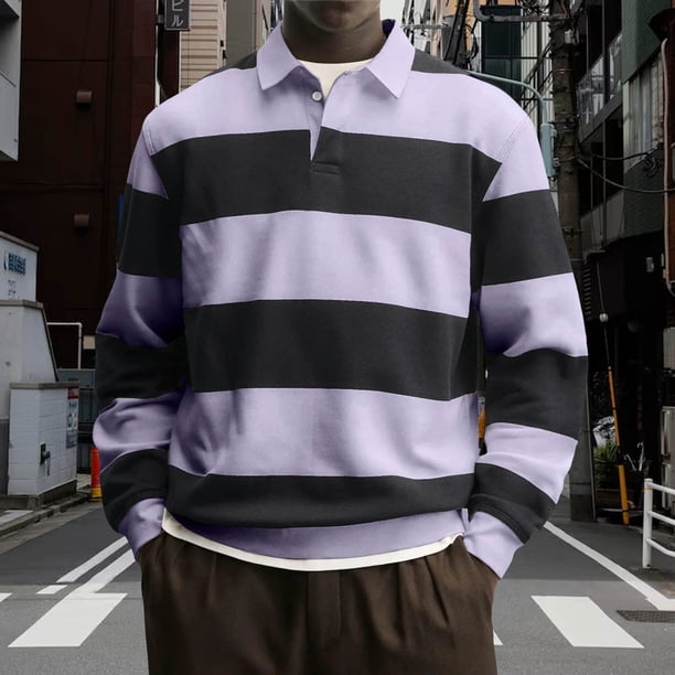 Ceisia Men's Contrast Wide-Stripe Polo Shirt | Stretchy Relaxed Long-Sleeve Casual Top Gift