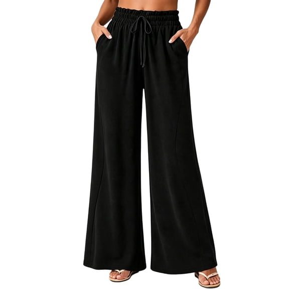 QQZ Flowy Palazzo Wide Leg Pants For Women, Elastic Waist Drawstring Casual Joggers, Daily Lounging Beach Vacation Outfits