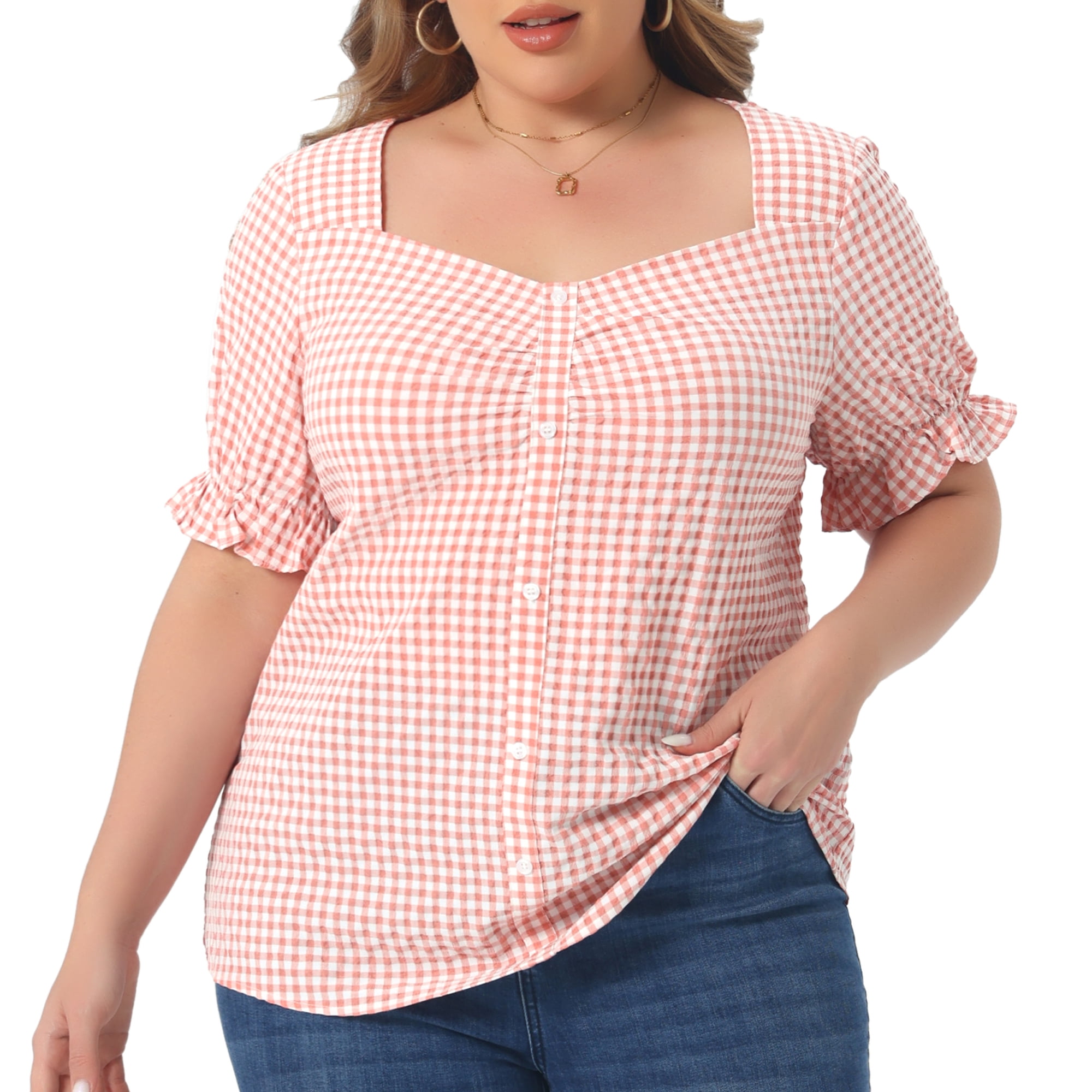 DARING DIVA Women's Plus Size Sweetheart V Neck Puff Short Sleeve Blouse 2X Pink