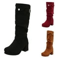 thumbnail image 4 of Womens Platform Boots Casual Suede Slouchy Pull on Mid Calf Winter Booties Block Heel Buckle Strap Dress Long Boots Black Size 9, 4 of 6