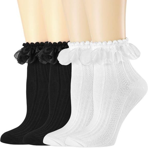 YooGuoGuo Womens Crew Socks Lace Ruffle Frilly Cotton Cute Princess Ankle Dress Socks for Girl 4 Pack