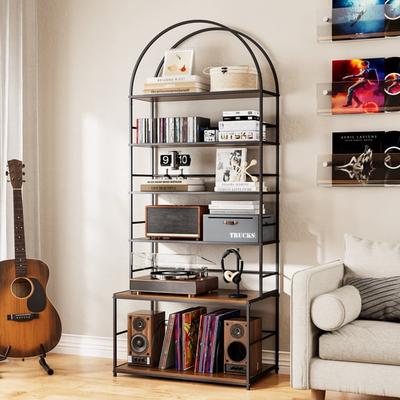 Large Record Player Stand with Vinyl Storage, 6-Tier Vinyl Record Storage Rack with Turntable Stand, Media Storage Cabinet for Living Room Bedroom Music Corner, Walnut