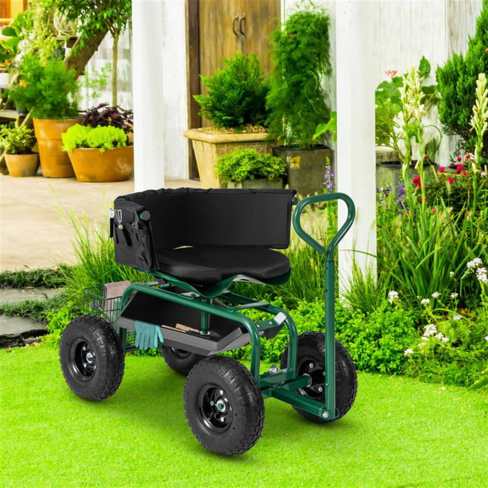 Resenkos Garden Utility Wagon Cart, Farm Wagon Cart,Cushioned Rolling Garden Cart Scooter with Storage Basket and Tool Pouch-Green