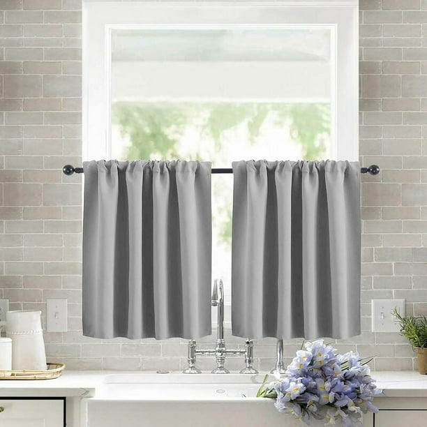 Cortinas grises para ventanas de cocina y baño, juego de 2 paneles para áreas sobre el fregadero, bloqueo de luz y aislamiento térmico, tela opaca certificada, resistente al agua para un fácil