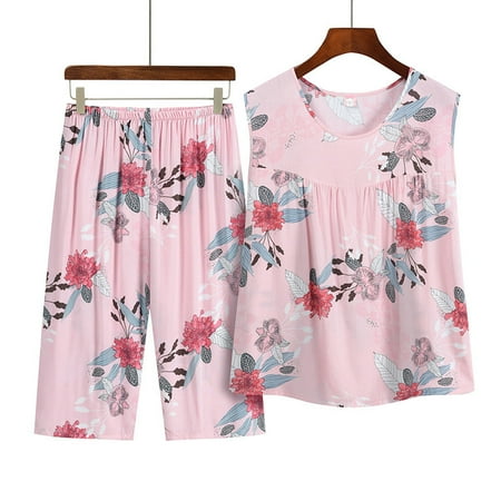 

Lounge Sets for Women Summer Casual Short Sleeve Tops with Full Length/Capri Pants Ladies Vacation Outfits Pajamas Sets