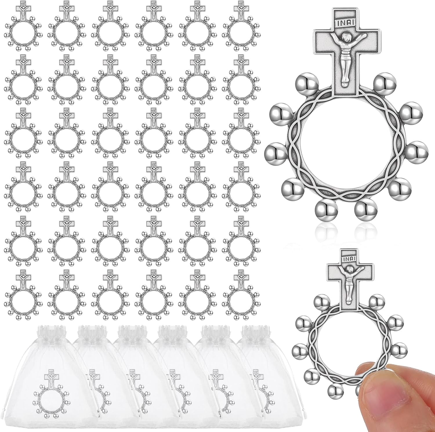 40 Set Finger Rosary Rings Bulk Silver Metal Rosary Rings Pocket Finger Rosaries Small Pocket Cross Prayer Catholic Rin-gs with Organza Bags for Baptism Favors Baby Shower Quinceanera Funeral