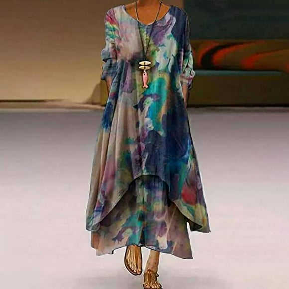 CEHVOM Women's Retro Style Printed Long Sleeved Loose Hem Irregular Long Dress