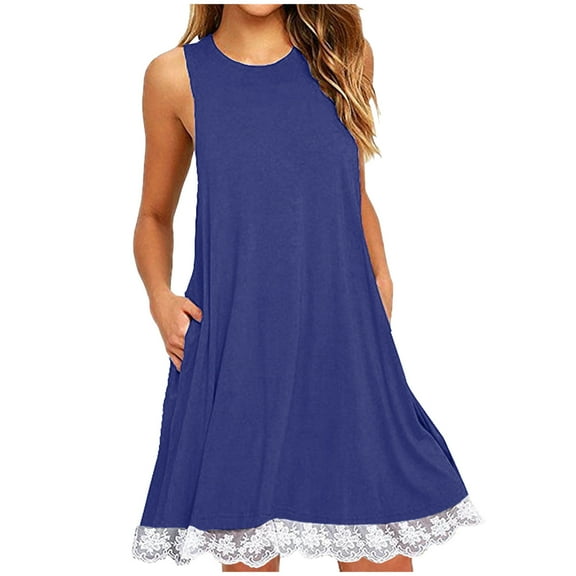 bnaln Ladies Sun Dresses Summer Sleeveless Dresses for Women Casual Knee-Length Dress Trendy Lace Patchwork A-line Dresses Loose Tank Dress Swing Beach Dresses Holiday Clothes