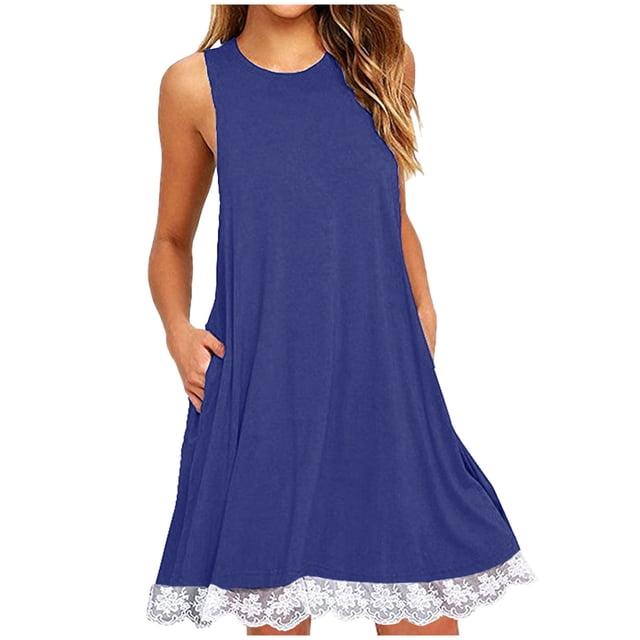 AherBiu Robes d'Été pour Femmes T-Shirt en Dentelle Basique Robe Courte d'Été Tunique Confortable avec Poches