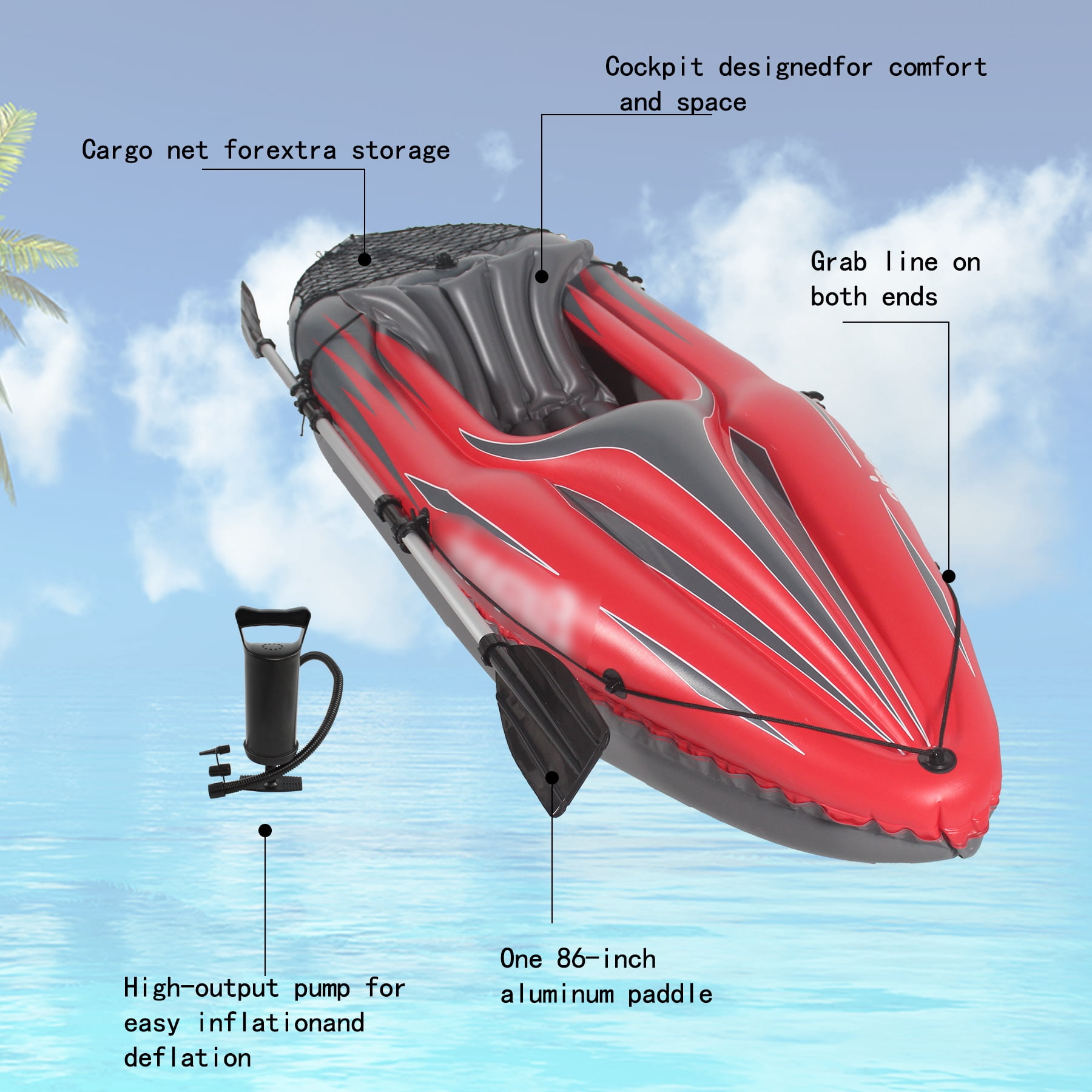 Inflatable Kayak 1 Person Adult Canoe with Adjustable Seat, Aluminum Oars & Hand Pump, Red