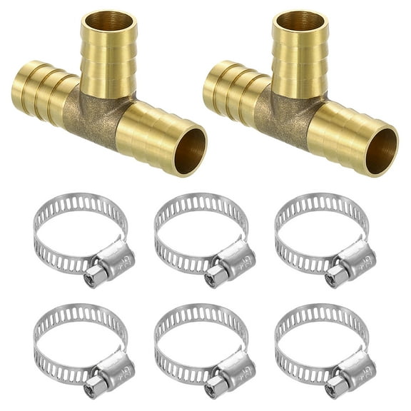 2pack Brass Tee Barb Fittings, 3-Ways Tee 5/8" x 5/8" x 5/8" Barbed, with 6pack Hose Clamps