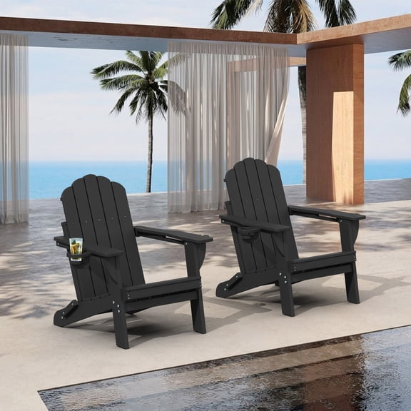 Adirondack Chairs Set of 2, Folding All-Weather HDPE Plastic Patio Chairs, Black