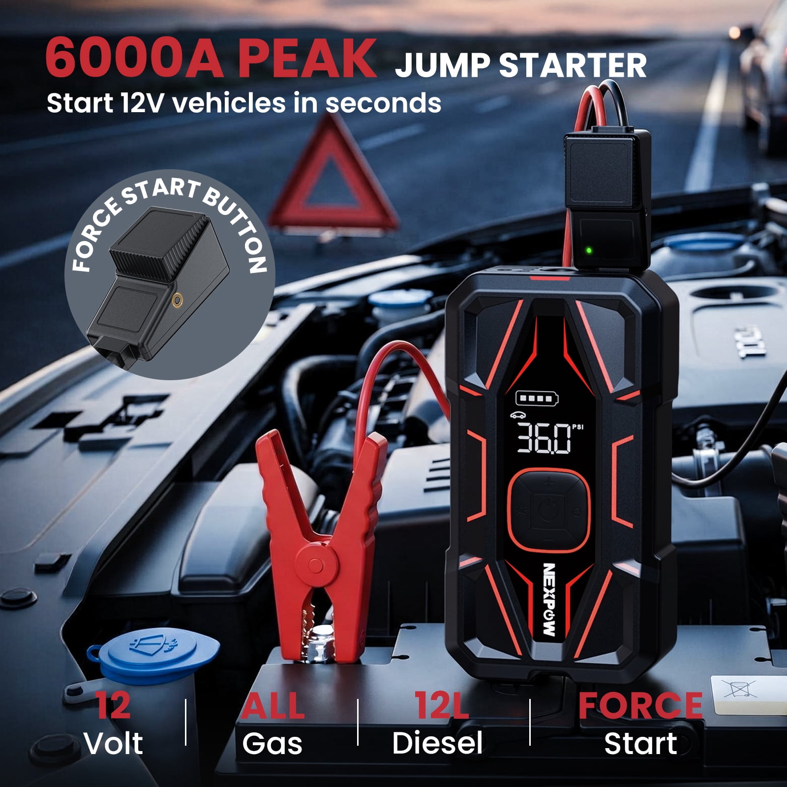 NEXPOW 6000A Jump Starter with Air Compressor, 160 PSI Portable