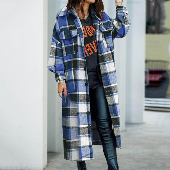 Women Fashion Plaid Print Outwear Winter Long Sleeve Lapel Long Jacket Trench Coat With Mauve Jacket With Hood