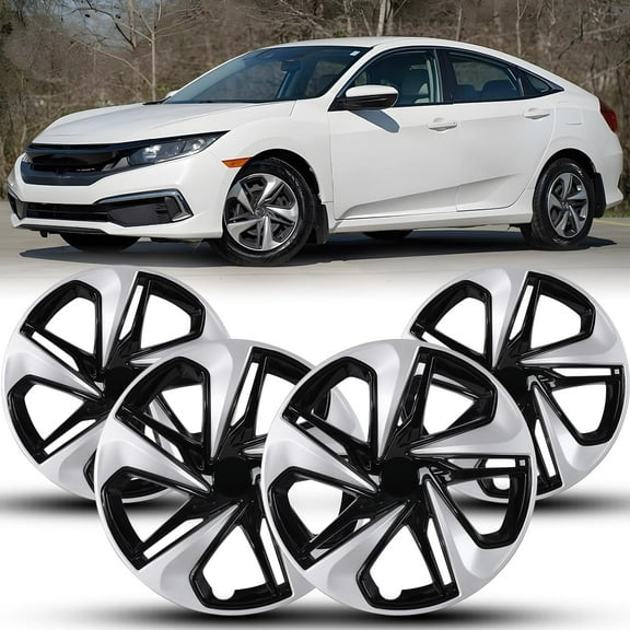16" Hubcaps 2016-2025 Honda Civic Sedan Wheel Rim Covers,Heavy Duty ABS&PC Material (Set of 4,Silver Lacquer & Black Lacquer)