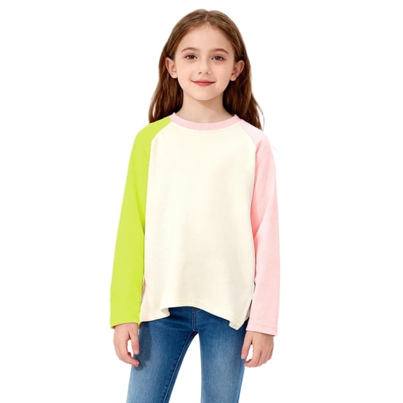 Girls' Cotton Long Sleeve T-Shirt Color-Block Drop Shoulder Crew Neck Shirt Spring & Autumn Casual Fashion Shirt (3-14 Years)
