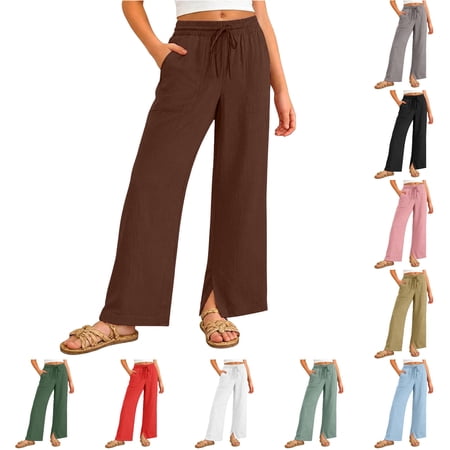 WDDDD Girls Wide School Casual Beach Long Trousers with Pockets Brown 7-8 Years