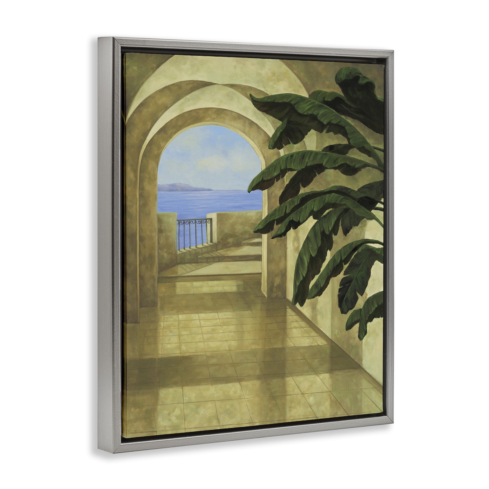 Stupell Industries Coastal Villa Palm Town & City Painting Gray Floater Framed Art Print Wall Art, 25 x 31