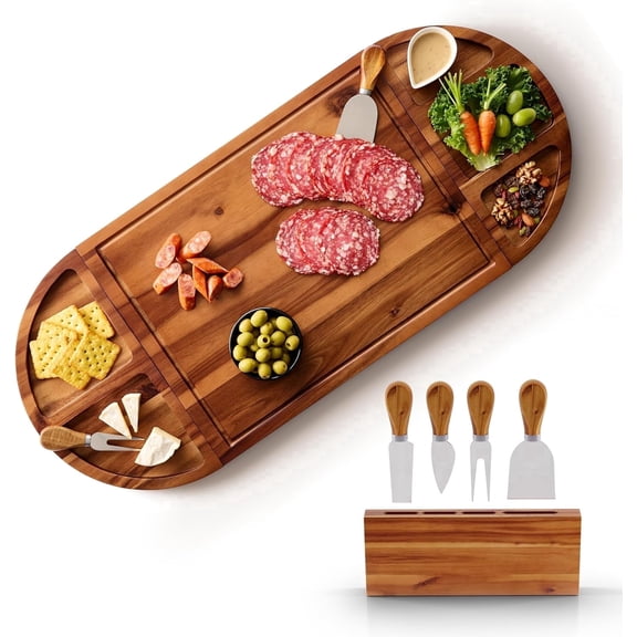 TIDITA 30 inch Large Acacia Wood Charcuterie Board with 4 Knives Set, Magnetic 3 Parts Wooden Round Tray, Long Appetizer Platter for Serving Food