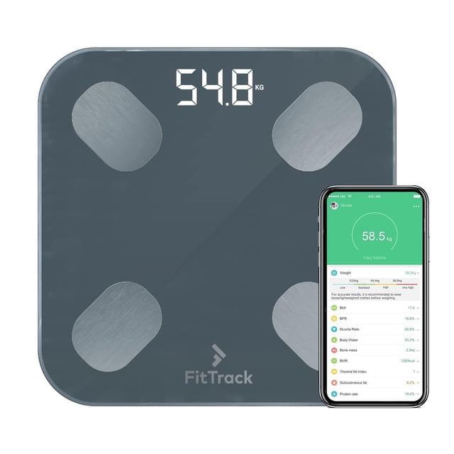 FitTrack Dara Smart BMI - Báscula digital para medir el peso y la grasa corporal, báscula de baño de