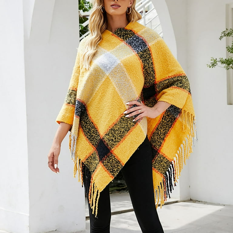 Hfyihgf Womens Elegant Knitted Poncho Sweater Tops V Neck Striped Pullover  Soft Scarf Wrap Cape with Fringes Yellow One Size