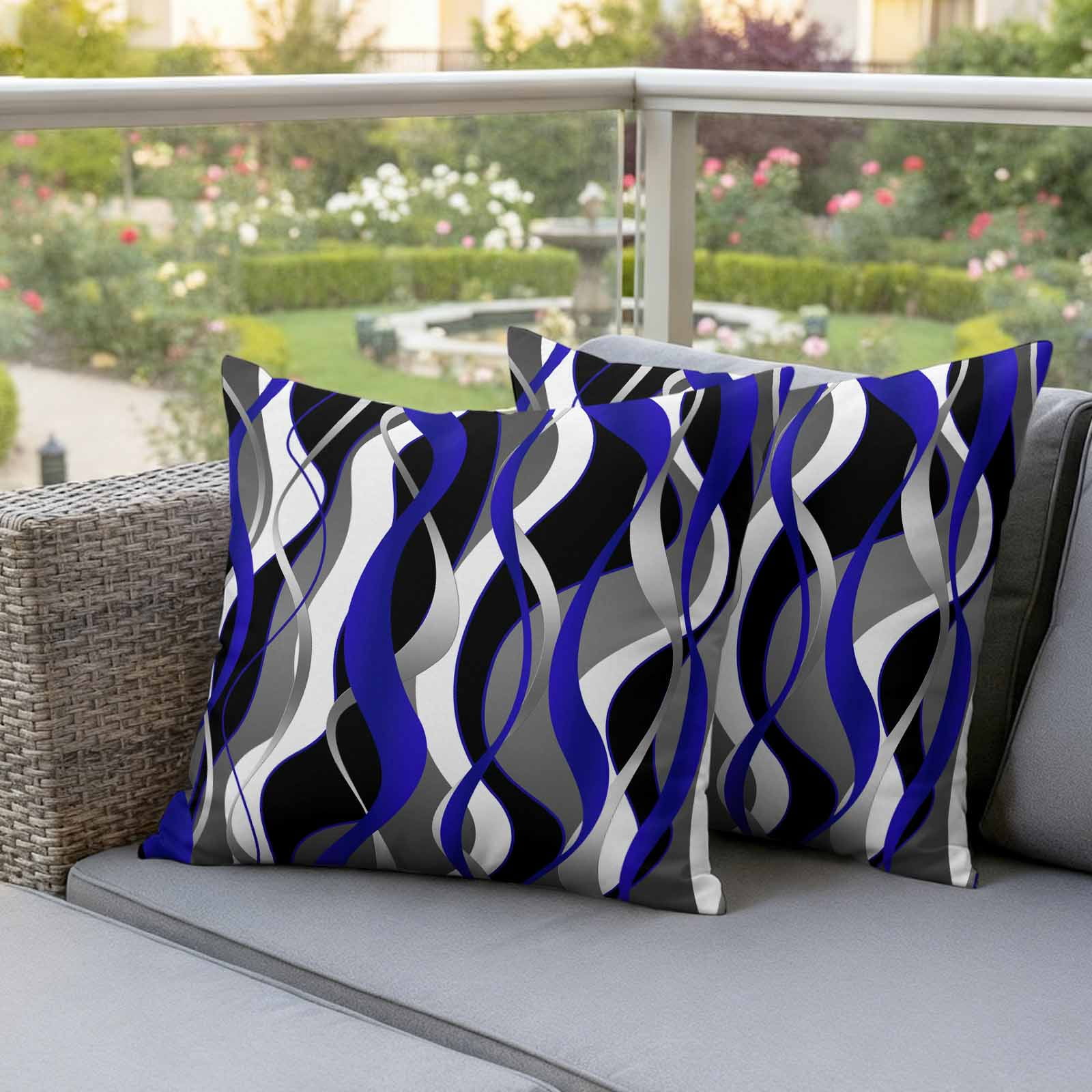 Blue Stripe Outdoor Waterproof Pillow Covers, Ombre Grey Moire Geometric Modern Abstract Decorative Square Throw Pillowcase Sofa Cushion Sham for Patio/Couch/Chair, 18"x18" 2 Pack