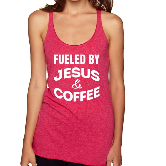 Fueled by Jesus and Coffee Funny Christian | Womens Inspirational/Christian Premium Tri-Blend Racerback Tank Top, Shocking Pink, Small