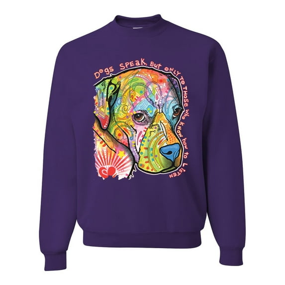 Neon Lab Dog Lover Shirt | Labrador Dogs Speak To Those Who Listen | Dean Russo Art Animal Lover Unisex Crewneck Sweatshirt, Purple, Medium