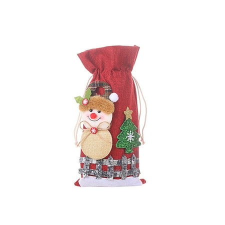 

New Christmas Decorations Linen Snow Cartoon Drawstring Wine Bottle Cover Checker Doll Wine Bottle Bag