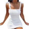 thumbnail image 2 of Pompotops Mode Femmes Été Couleur Unie Sangles de Franges Sans Manches Plis Élastiques Robe de Taille, 2 of 4