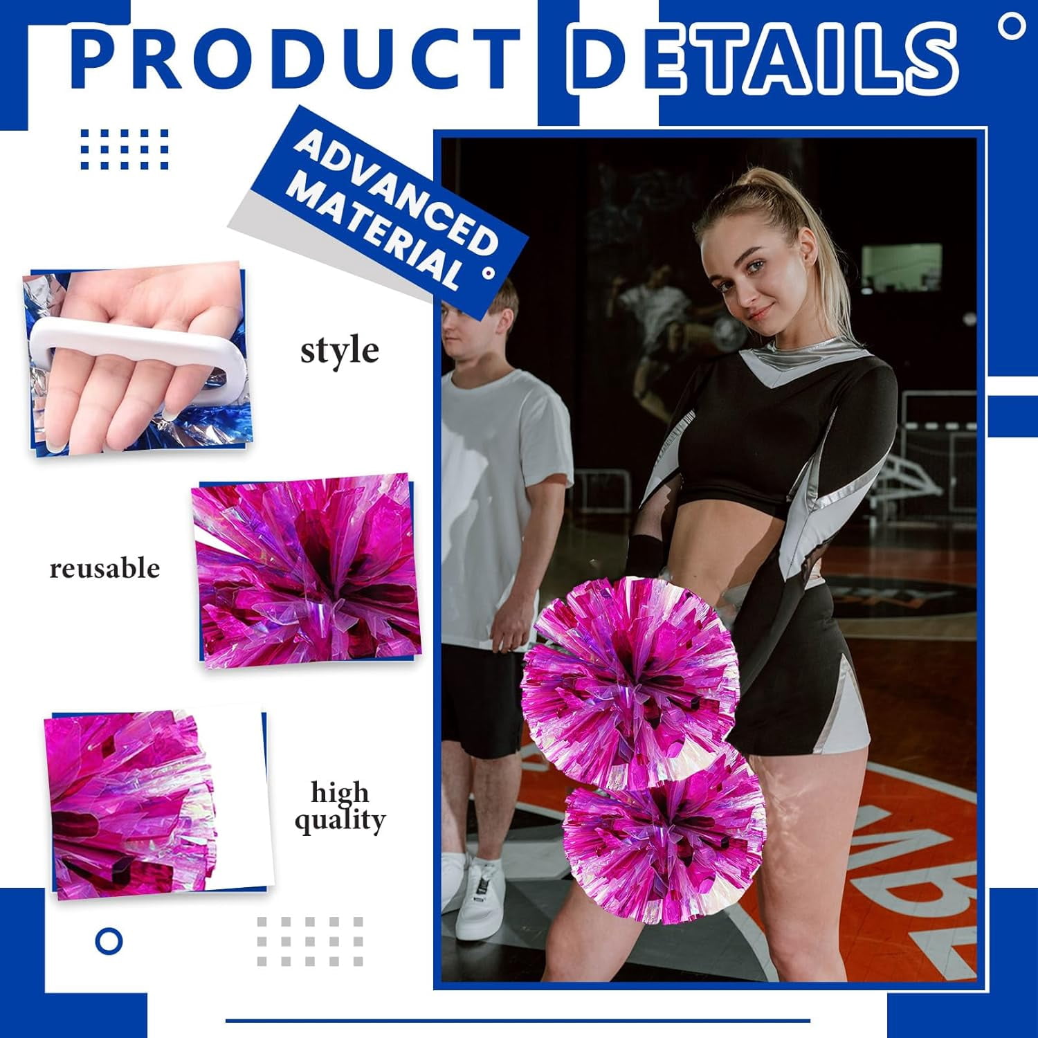 Cheerleader Pom Poms 12 Pack Sports Dance Cheering Plastic Metallic Cheerleading Pom Poms for Kids Adults