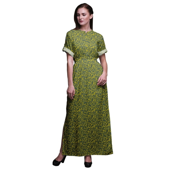 Bimba Rayon Dots & Beach Leaves Womens Printed Side Slit Summer Dress Long Maxi Gown-Medium