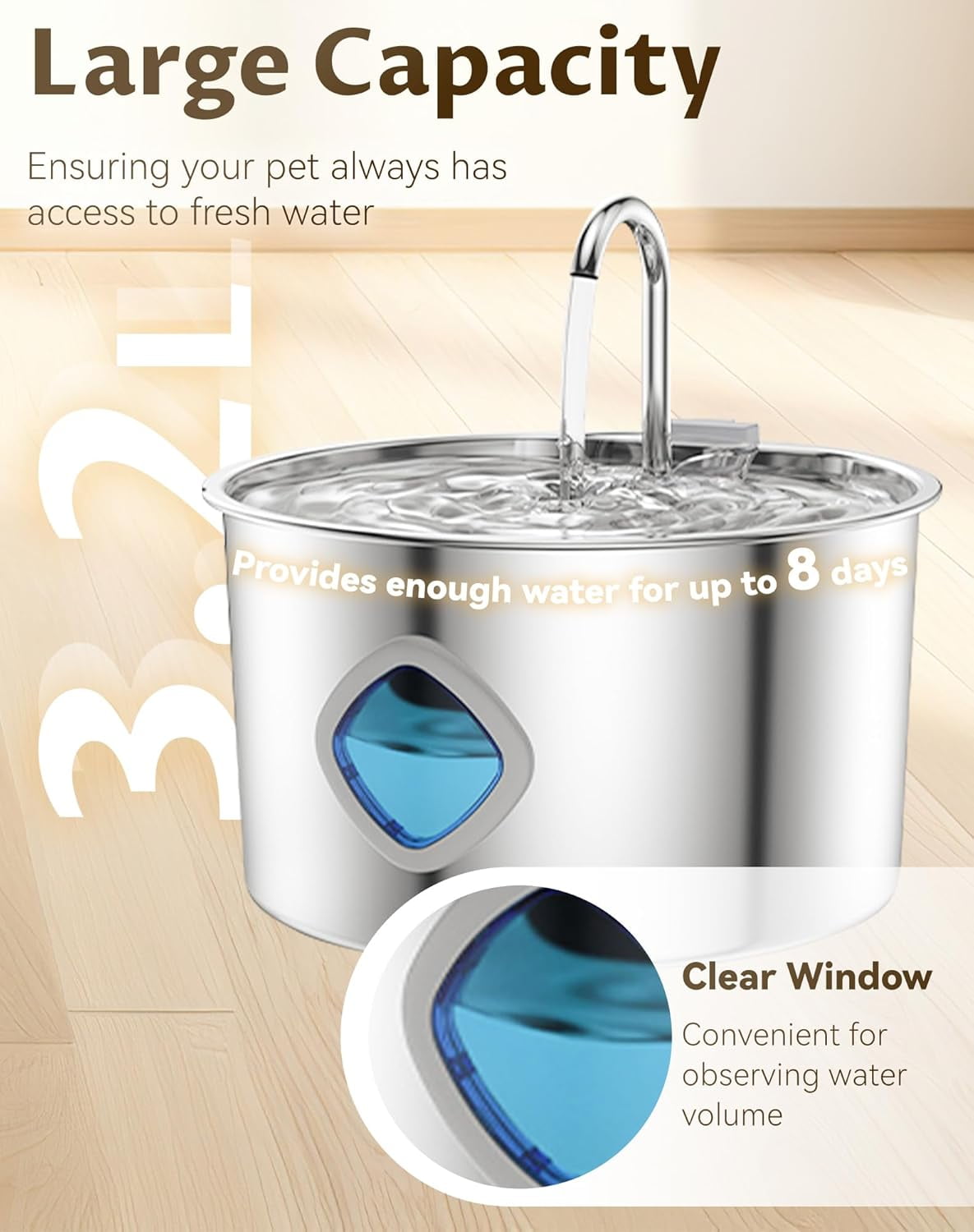 3.2L Stainless Steel Dog Water Fountain with 10 Filters, Quiet Pump Pet Bowl with Visible Water Level, Easy to Clean, for Dogs and Cats