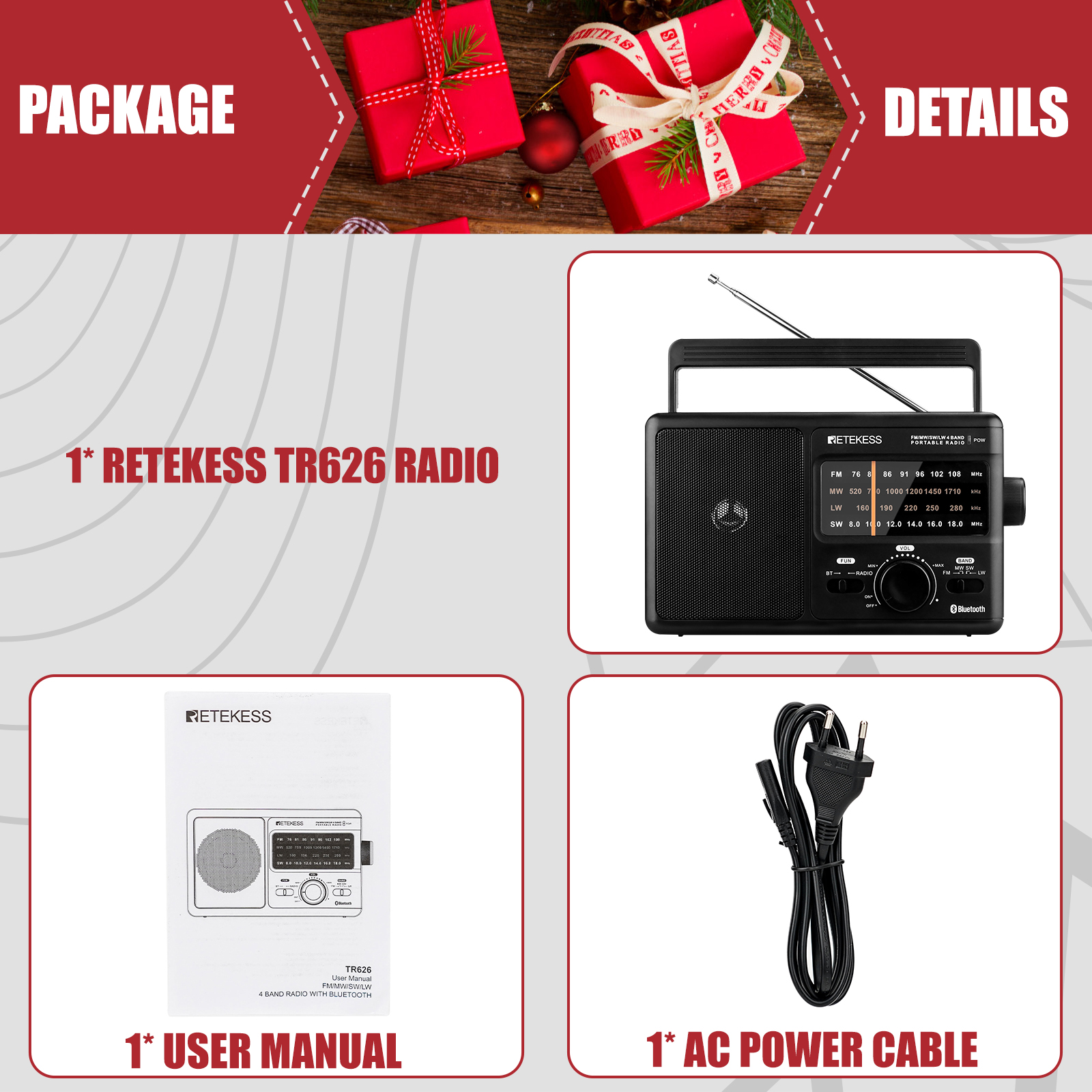 Retekess TR626 Portable AM FM Radio with Bluetooth, Plug in Radio, LW, DSP  chip,Powered by AC or D Battery, Short Wave Radios for  Garages,Home,Outdoors