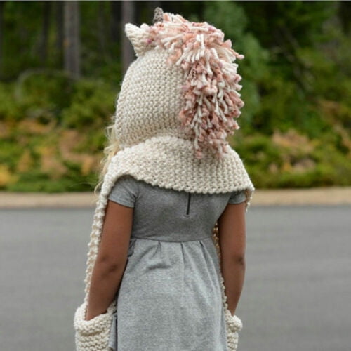Kids Girl Unicorn Hooded Scarf Animal Hoodie Cowl Crochet Knitted