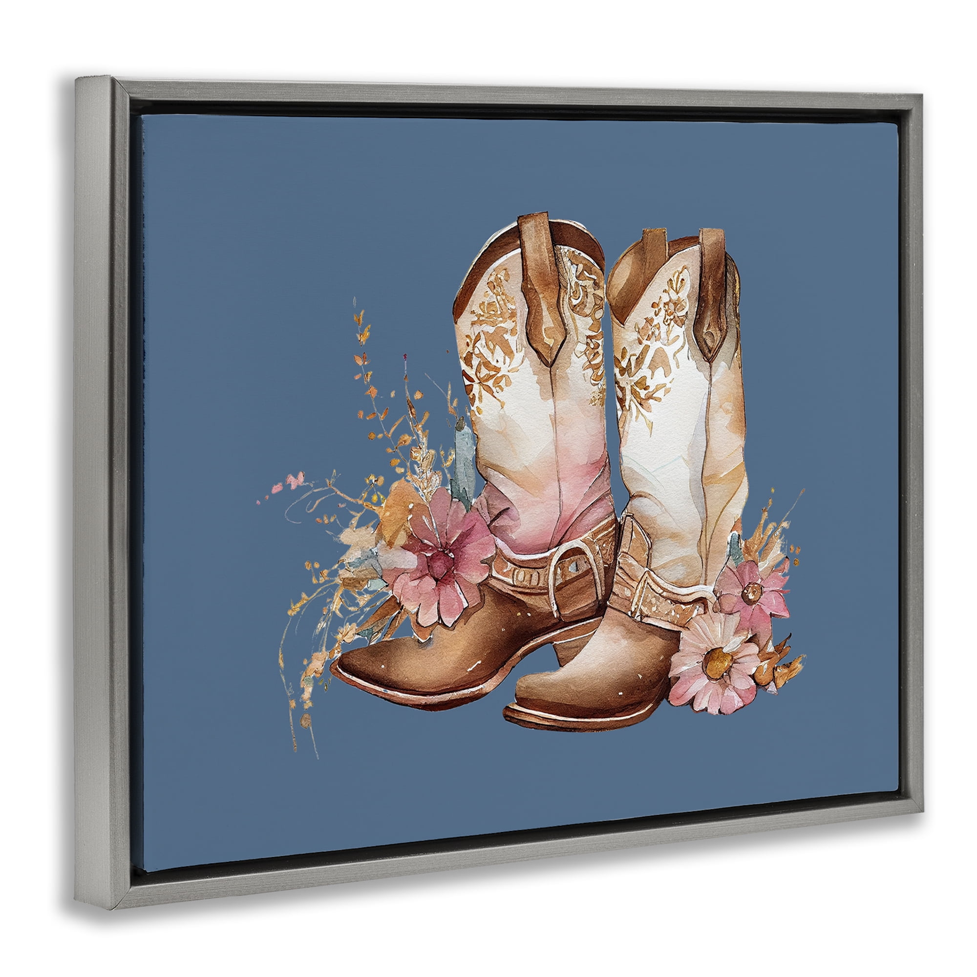 Stupell Industries Cowboy Boots & Wildflowers Plants & Flowers Painting Gray Floater Framed Canvas Art Print Wall Art, 21 x 17