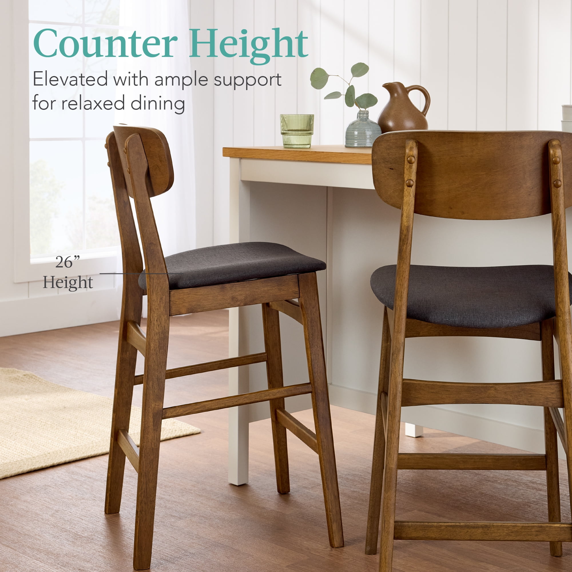 Best Choice Products 2-Piece Farmhouse Counter Height Bar Stool Set w/ Cushioned Seat, Wooden Backrest  Walnut/Charcoal