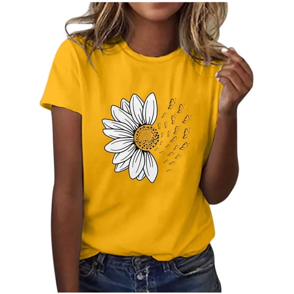 Otvok Women'S Fashion Casual Loose-Fit T-Shirt with Daisy Print Round Neck Short Sleeve Tops Plus Size Blouses