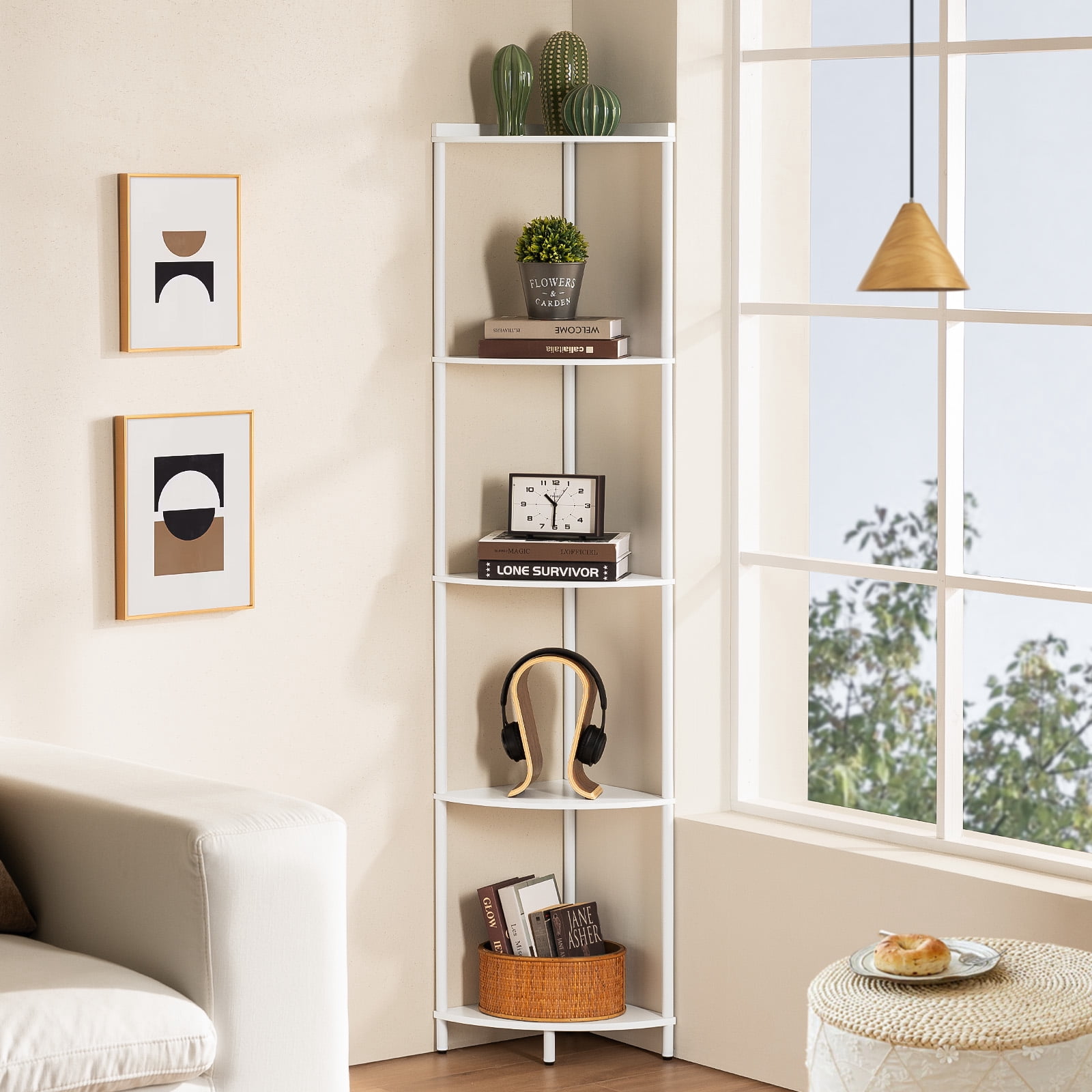 Corner Shelf Stand, 5-Tier Corner Shelves, 65" Wall Corner Bookshelf, Display Shelf Tall Shelf Plant Stand for Bedroom, Bathroom, Living Room, White