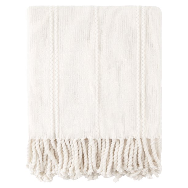 Battilo Cream Throw Blanket for Couch, Knitted White Throw Blankets for Bed, Decorative Woven