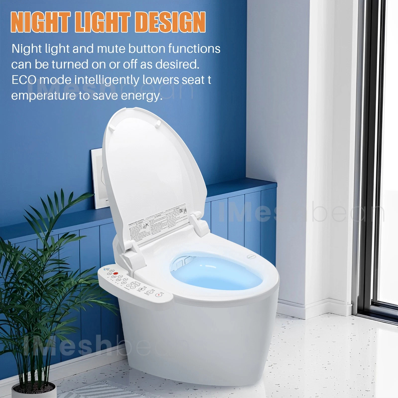 iMeshbean Elongated Smart Toilet Seat, Electric Bidet with Warm Water Warm Air Drying, Night light