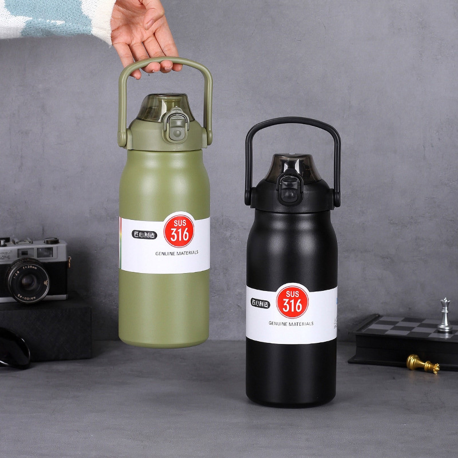 Lksixu Insulated Water Bottle, 34oz Stainless Steel Double Walled Thermal Vacuum Cup with Handle, BPA-Free Leak-Proof Reusable Metal Water Flask Lockable Chug Lid Flip Top Bottle for Travel Gym
