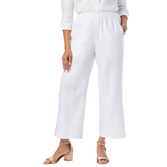 Jessica London Women's Plus Size Wide Leg Linen Crop Pants Elastic Waist