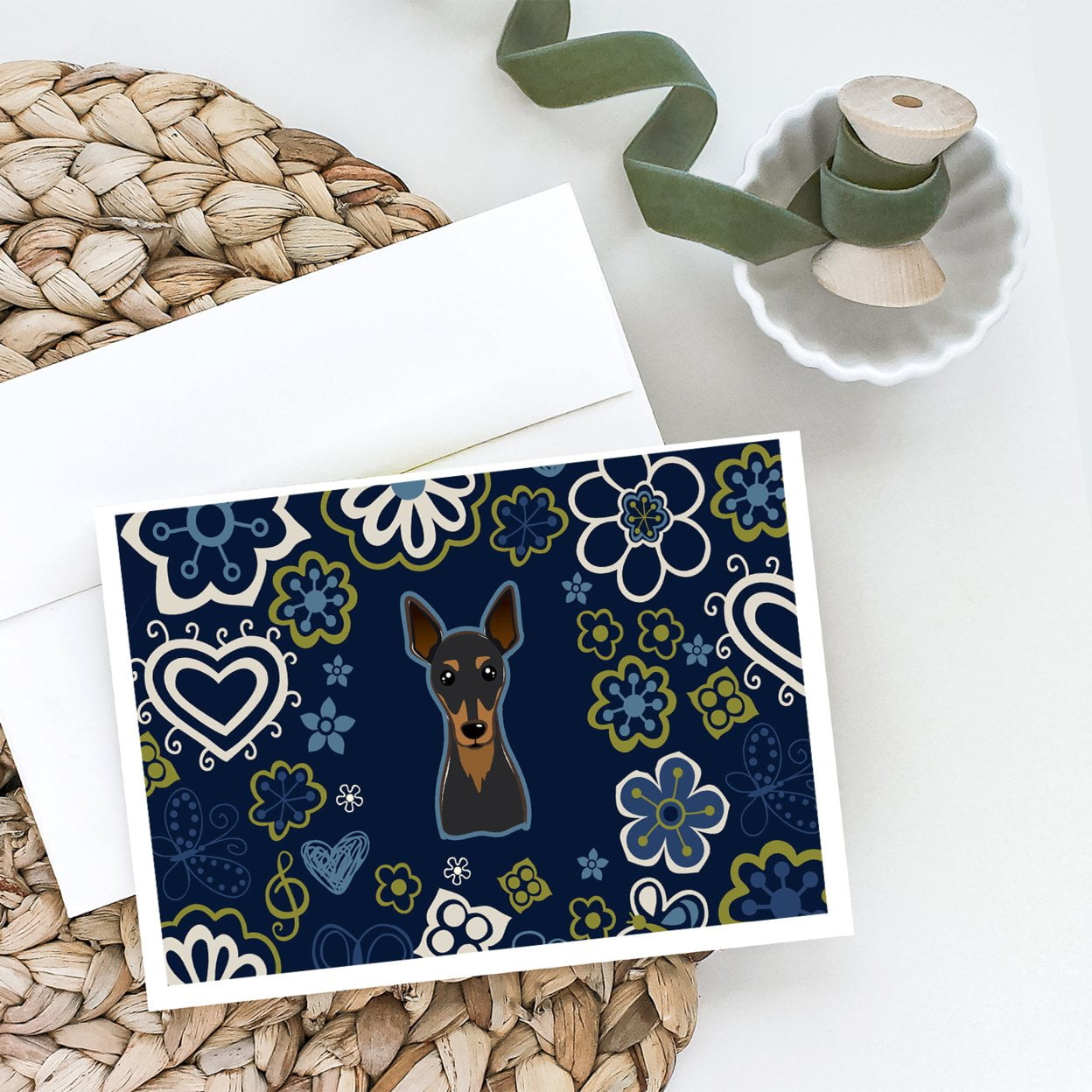 Blue Flowers Min Pin Greeting Cards and Envelopes Pack of 8
