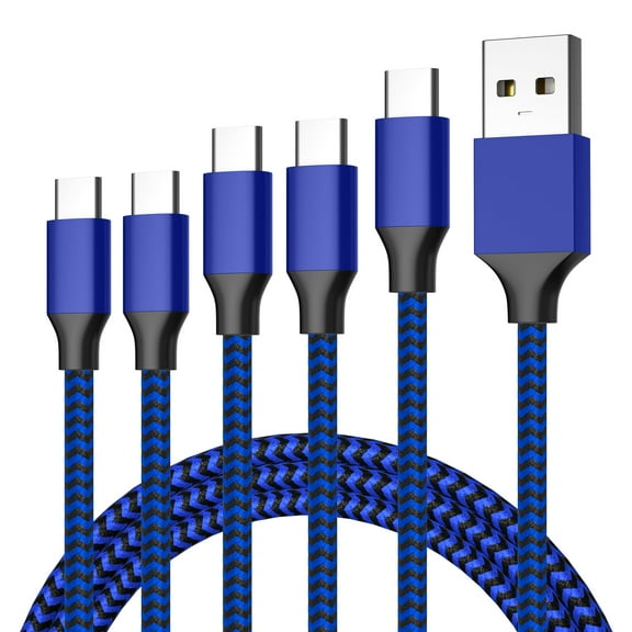 5 Pack 3FT 6FT 10FT Type C Charger Cord USB C Cable Nylon Braided 3A Fast Charging Cable for Samsung Galaxy S23 S22 S21 S20 S10 S9 S8, LG, Moto-Blue